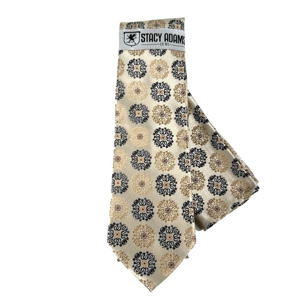 Stacy Adams Men's Tie Hanky Set Bone Champagne Charcoal Gray Melon Floral 3.25"